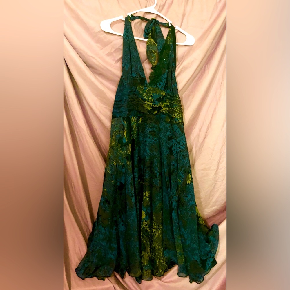 Beautiful blue black and hints of green halter evening dress